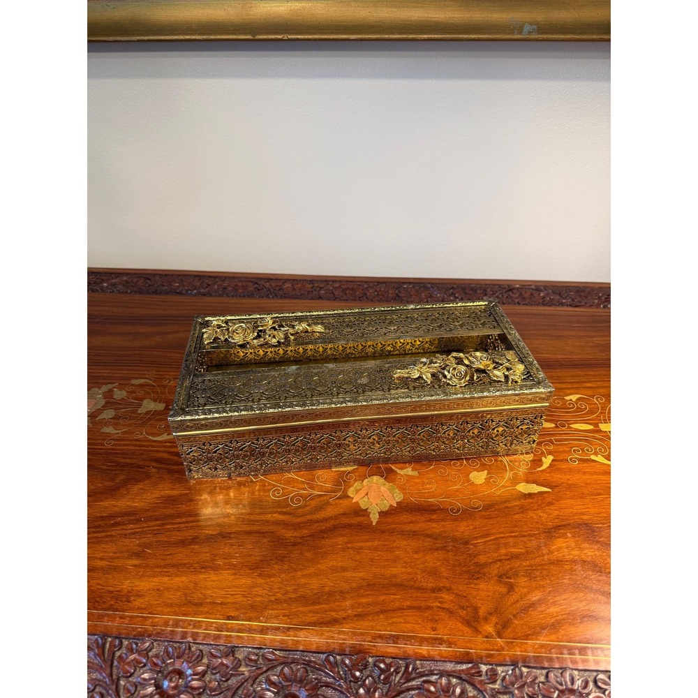Vintage Filigree Tissue Box Cover with Roses - Picture 3 of 17